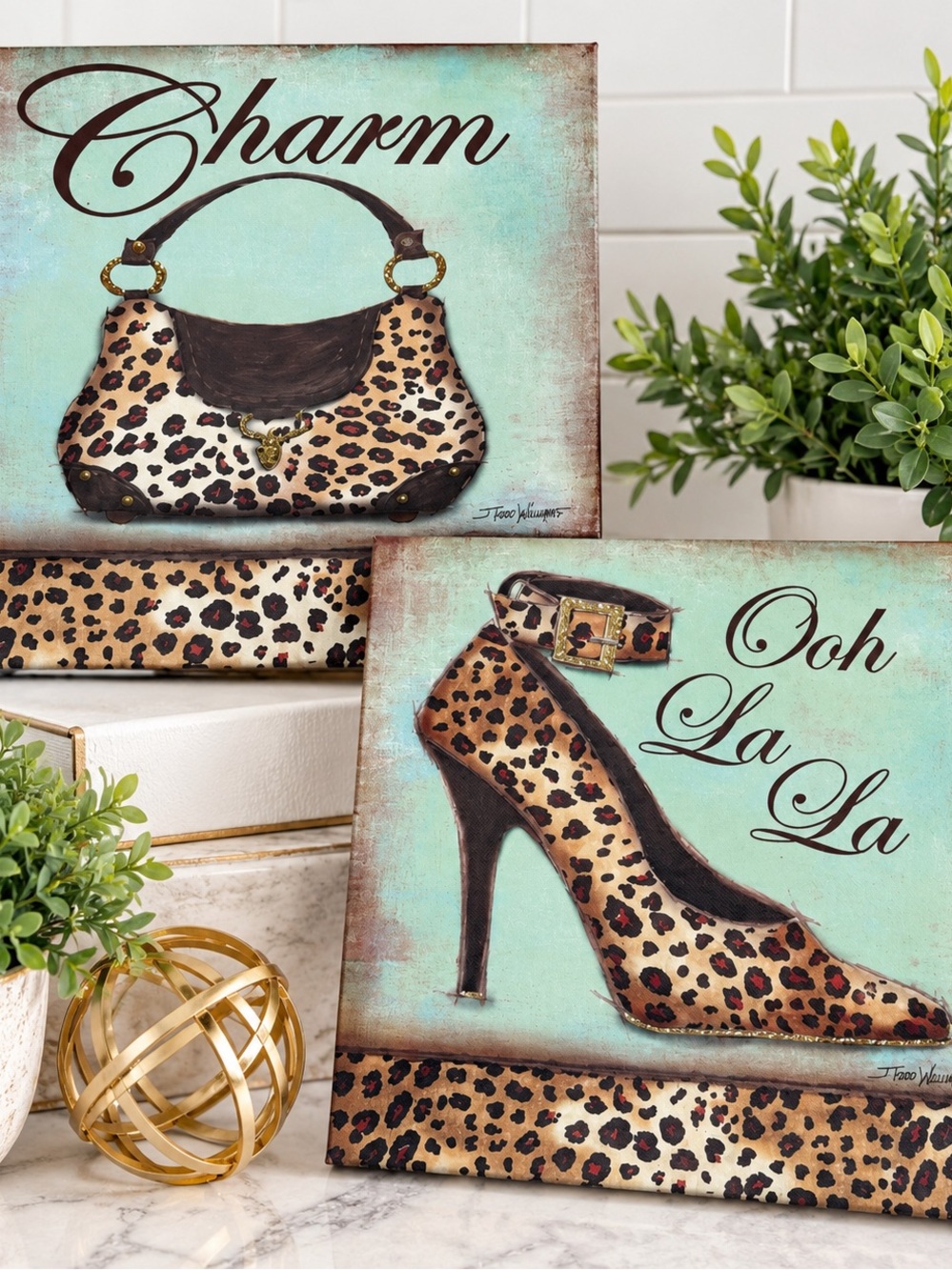 Vintage Leopard Print Purse & High Heel Canvas Wall Art Set 2pc